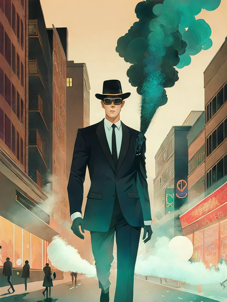 01074-931569174-a man in a suit is walking down the street with smoke coming out of his mouth by Victo Ngai.png